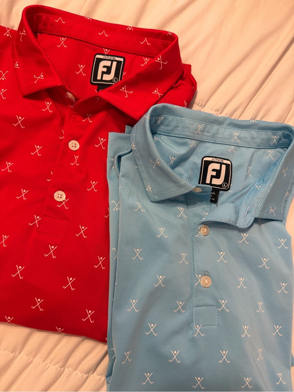 Lot of 2 FJ FootJoy Junior Boys Red & Blue Short Sleeve Golf Print Polo Shirt